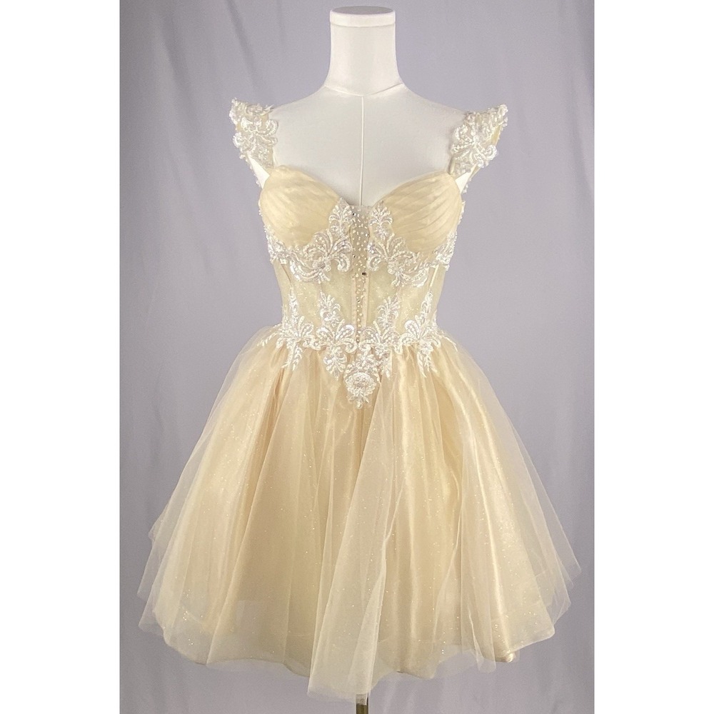 Dancing Queen Fit & Flare Dress Womens Med Champagne Lace Tulle Prom Fairycore
